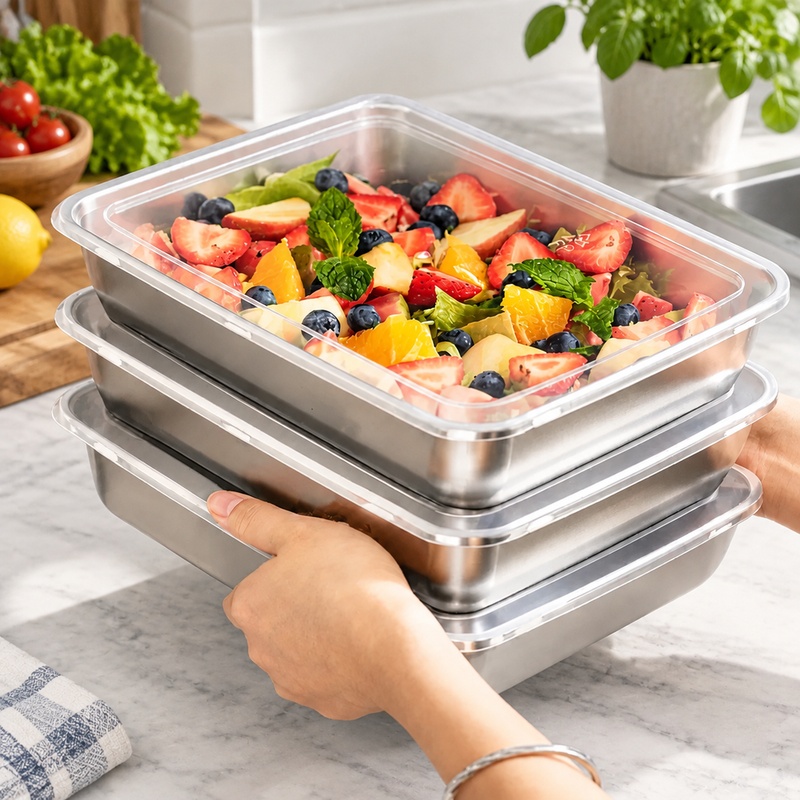 Kitchen Gadgets Organizer - 3-teilige Edelstahl-Lebensmittelbehälter mit transparenten Deckeln, auslaufsicheres
